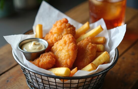 Crispy fried fish pieces and golden french fries served in metal basket with dipping sauce. Cold iced tea in glass in background. Delicious fast food meal.