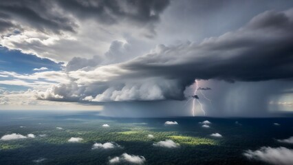 Aerial view of a dramatic thunderstorm with lightning striking over a lush green landscape from above the clouds