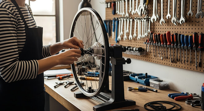 Mechanic repairing bicycle wheel in workshop with tools on pegboard