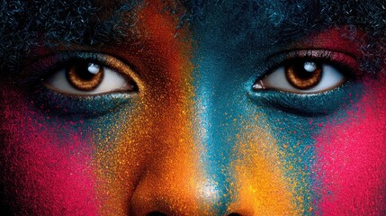 Naklejka premium Vibrant Close-Up of Eyes Amidst Colorful Body Paint Art