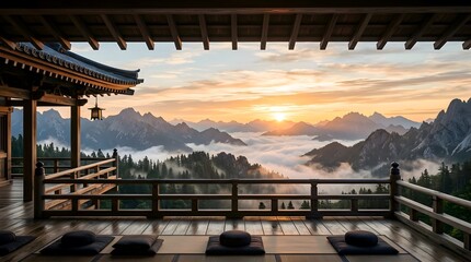 Obraz premium Panoramic View from a Peaceful Temple Balcony of Misty Mountains at Sunrise with Meditation Cushions