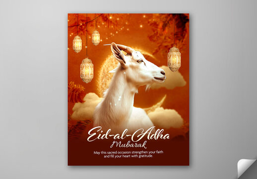 Editable Eid al Adha Mubarak Greeting Social Media Post Template with White Goat Portrait and Golden Arabic Lanterns on Crescent Moon Orange Festive Background.
