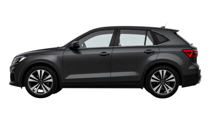 Obraz premium Dark gray compact S U V with silver wheels and tinted windows... isolated on a transparent background
