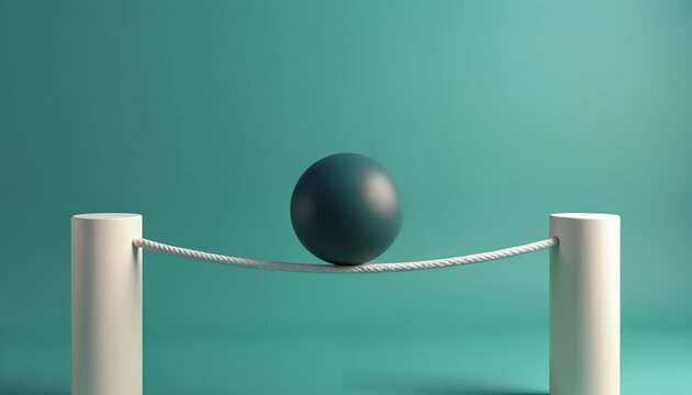 Black ball precariously balances on tightrope stretched between two white pillars. Rope is taut, object is steady, no falling. Simple studio background.