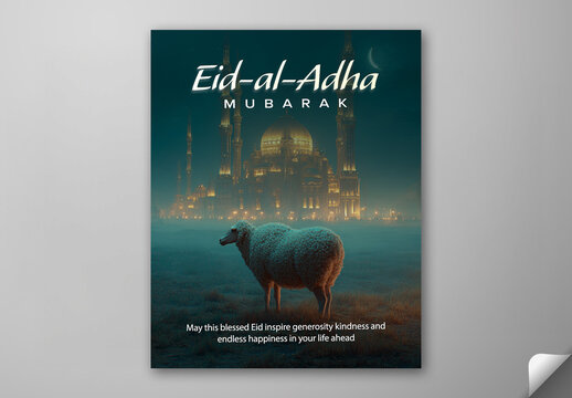 Editable Eid al Adha Mubarak Greeting Social Media Post Template with Sheep Portrait and Illuminated Mosque at Crescent Moon Night Scene.