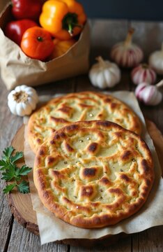 Uzbek bread lepeshka baked on tandoor oven with garlic and herbs. Fresh flatbread with golden crust is served on rustic wooden board with bell peppers tomatoes and parsley.
