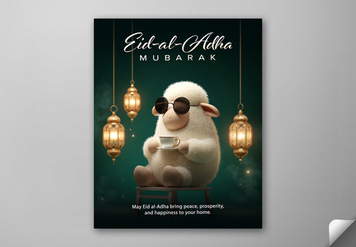 Editable Eid al Adha Mubarak Greeting Social Media Post Template in Dark Green Theme with 3D Cartoon Sheep Drinking Tea on Stool and Hanging Arabic Lanterns.