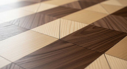 Close-up of geometric parquet flooring pattern, made with dark and light wood tiles, creating a sleek and modern surface design for interior concept