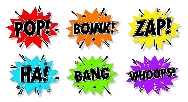 Colorful comic book sound effects words on white background