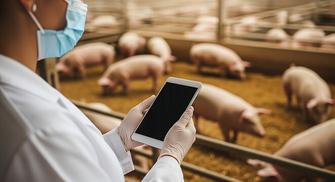 Veterinarian in white coat and mask examines pigs in farm pen using tablet