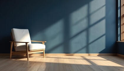 Fototapeta premium Minimalist room features white armchair beside dark blue wall. Bright sunlight casts geometric shadows from window across wooden floor. Calm, modern interior scene.