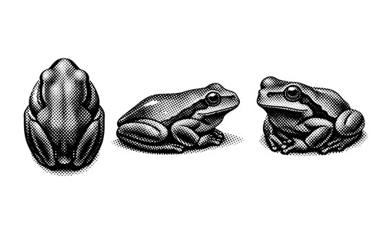 European tree frog full body, complete frog body with limbs tucked naturally shown from top view, side view, and three-quarter view with realistic anatomy.
