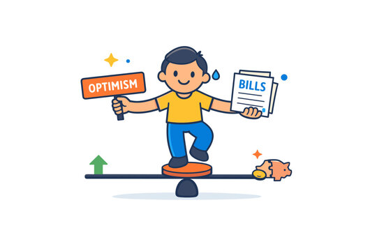 Economic anxiety coping joke shown as a character balancing optimism and bills, symbolizing collective resilience and self aware humor about
