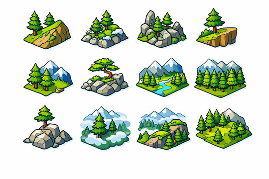 Mountain Pines. Colorful isometric vector icons set of Mountain Pines: pine tree on mountain slope, alpine pine, rocky mountain pine, pine tree cliff edge,