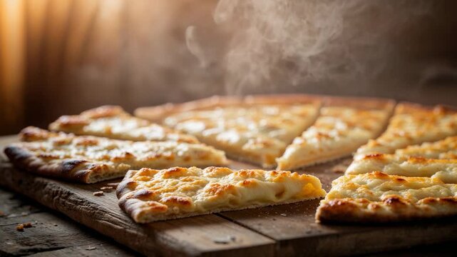 Freshly baked cheese bread on a wooden board with steam rising in a warm kitchen