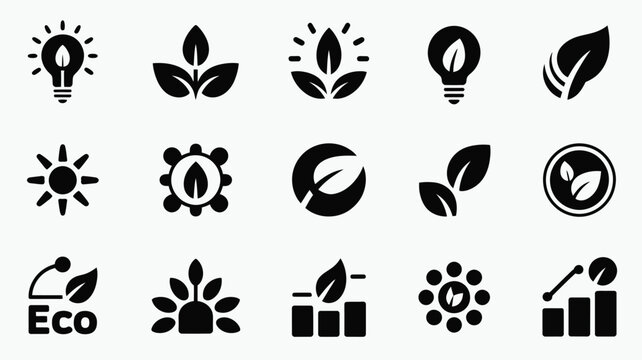 Eco friendly startup innovation logos with leaf and lightbulb symbols on gray background