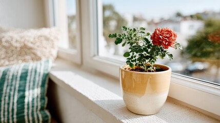 Fototapeta premium A vibrant potted plant with a striking red flower sits on a sunlit windowsill, showcasing its beauty and adding warmth to the indoor space with calming colors.