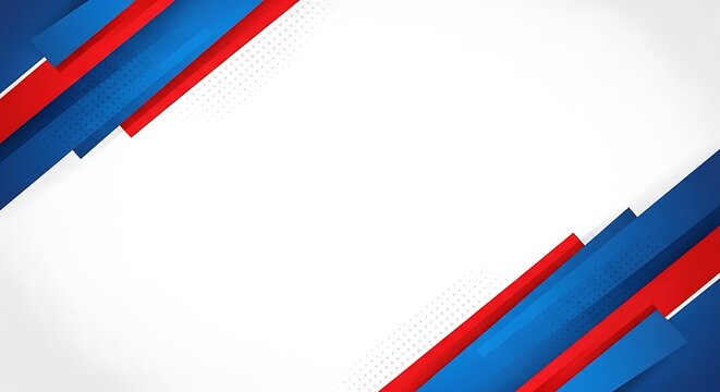 Abstract design features diagonal red and blue stripes with white background and subtle dot pattern