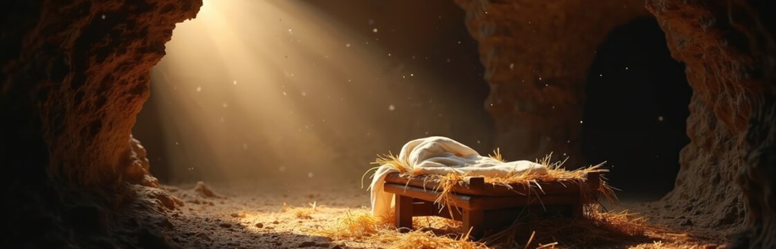 Empty wooden manger with hay and cloth sits in cave with sunbeams. Jesus birth scene symbolizes hope, faith. Nativity Christmas story start.