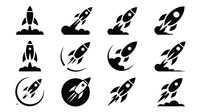 Black silhouette rocket launch logo and icon collection on white background for startup business branding