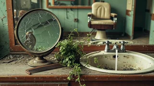 Broken mirror and plants in old barbershop with empty chairs and dusty sink