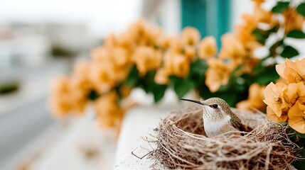 Fototapeta premium A beautiful hummingbird sits gracefully in its nest surrounded by bright yellow flowers, showcasing the wonders of nature and the delicate balance of life in a vibrant setting.