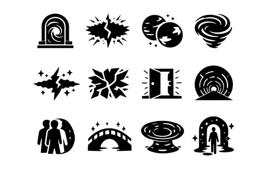 Crossing Dimensions. Solid icon set of Crossing Dimensions: portal gateway, dimensional rift, parallel worlds, energy vortex, space tear, reality fracture,