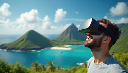 Man smiles wearing VR headset, experiencing a virtual tropical island scene. He looks up with joy at the simulated mountains, ocean, and beach. This technology offers digital travel.