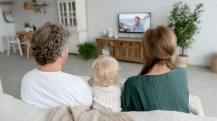Obraz premium A heartfelt moment as a young family, including a child, watches TV together on a cozy sofa, sharing laughter and connection in their living room.