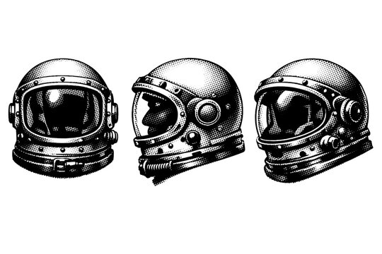 Astronaut helmet vintage style with bulky shell geometry and protruding visor frame, represented as one realistic early-era space helmet shown in three views