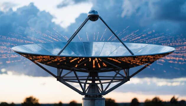 Closeup of a single satellite dish sending packaged reports centered and crisp with outoffocus horizon and fading daylight creating a dynamic broadcast atmosphere.