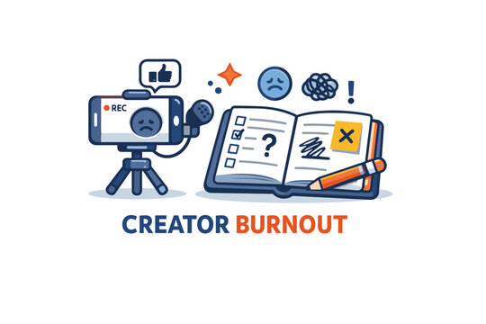 Planner influencer burnout represented by a phone recording setup next to an unfinished planner spread, expressing loss of motivation and creative block under