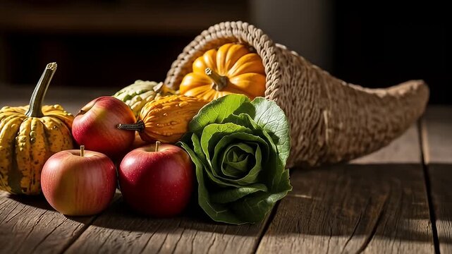 Horn of plenty overflowing with autumn's harvest of gourds, apples, and cabbage on wood