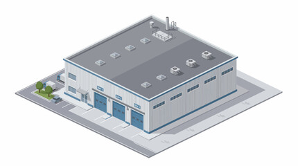 Isometric view of a modern industrial warehouse building with loading docks and office space, architectural illustration