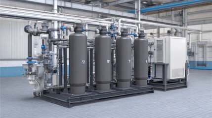 Industrial water filtration system with multiple large grey tanks and complex piping