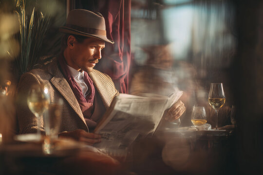 Sophisticated Middle-Aged Caucasian Gentleman in Vintage Hat and Suit Reading a Newspaper in a Luxury Train Carriage or Retro Lounge