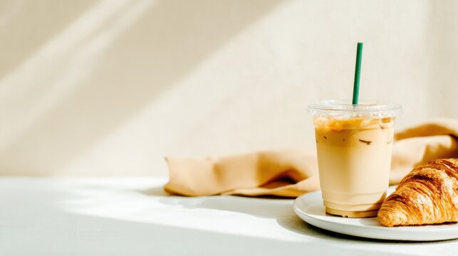 An aesthetic composition of iced coffee served in a transparent cup alongside a flaky croissant on a soft textile, capturing the essence of a tranquil breakfast moment.
