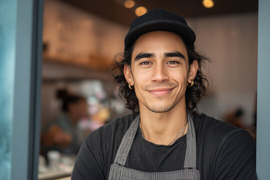 Smiling Young Male Barista in Black Apron and Cap Standing in Coffee Shop