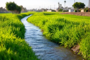 Obraz premium Agricultural Irrigation Channel Flowing Through Lush Green Field Near Factory Pollution Concerns