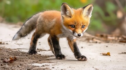Fototapeta premium Playful Red Fox Cub on a Scenic Countryside Trail, Captivating Wildlife with Its Charm and Curiosity