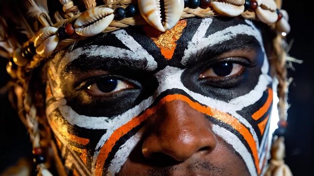 Close-up of a person's face with intricate tribal paint and a shell headdress, suitable for cultural studies, travel content, documentary footage, and heritage promotion.