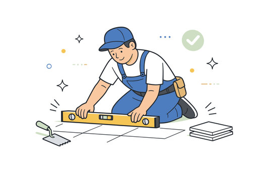 Tile alignment. A worker using a level tool to ensure perfectly straight floor tiles. Careful craftsmanship and attention to detail in a clean setting.