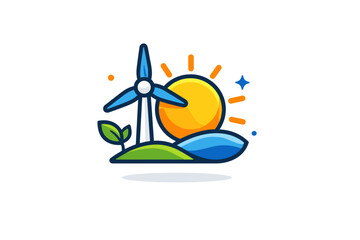 Fototapeta premium Sustainable energy symbolized by a simple wind turbine and sun combined into one balanced scene, expressing clean power and a hopeful future. The illustration