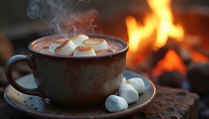 Steaming hot chocolate topped with toasted marshmallows sits beside a crackling campfire at night. Warm glow reflects on ceramic mug and saucer. Cozy evening beverage scene.