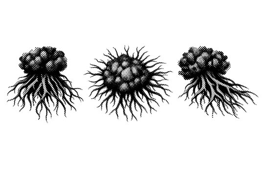 Seaweed holdfast A realistic seaweed holdfast with root-like branching structure and dense organic mass, represented as the same holdfast in three different