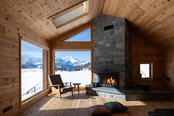 Naklejka premium Interior of a cozy chalet with a fireplace, offering views of snowy mountains.