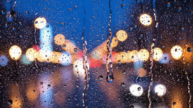 Raindrops falling on a window glass with colorful blurred city lights creating a calm rainy atmosphere.