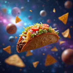 Fototapeta premium Taco floats in deep space surrounded by planets and nachos. Food item drifting in nebula cosmos. Meal concept for space exploration food or sci fi themes.