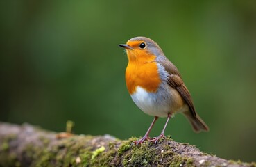 Small robin bird with orange breast sits on mossy branch in green forest. Tiny songbird looks to side, showing red feathers. Wildlife fauna detail, natural background.
