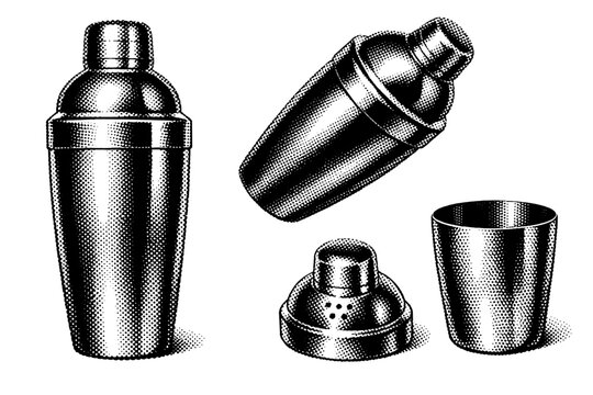 Cocktail shaker shown as a classic three-piece stainless steel shaker presented in upright front view, tilted three-quarter view, and separated top-and-bottom